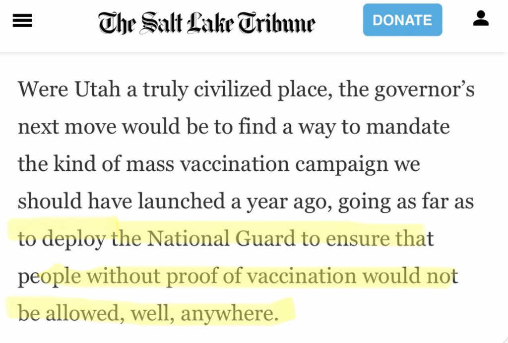 Editorial from The Salt Lake Tribune Wants to Force Vaccinate Using National Guard