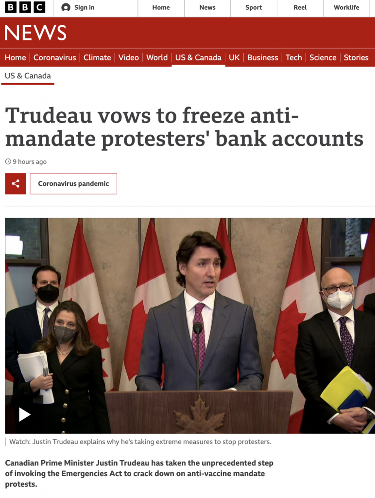 Canada's Trudeau Wants to Freeze bank Accounts of Anti-Vaccine-Mandate Protestors