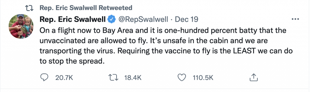 Congressman Eric Swalwell says Unvaxxed Should be Denied Air Travel